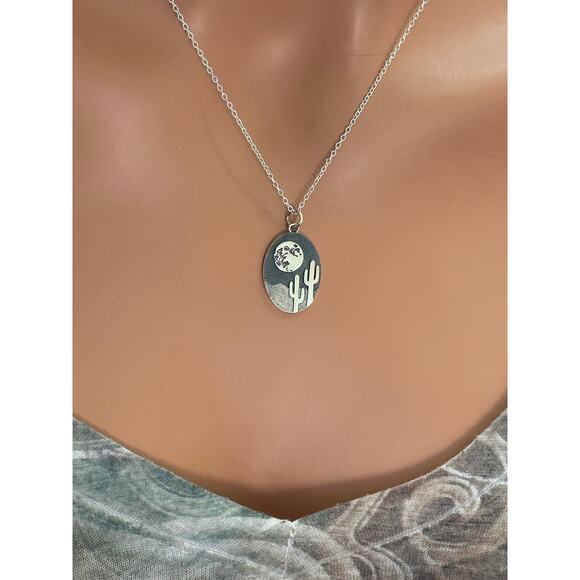 Sterling Silver Etched Moon and Cactus Necklace - Picture 2 of 5